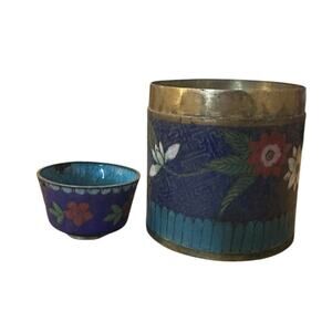 Pair x2 Ancient Chinese Cloisonne Jars Tea Caddy Box Floral Printed Enamel